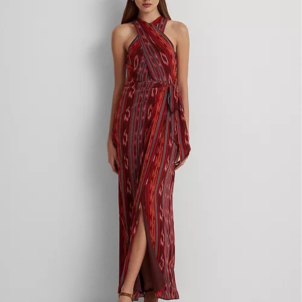 Lauren Ralph Lauren NWT Geo-Striped Georgette Halter Gown Western Sz 12 Leg Slit